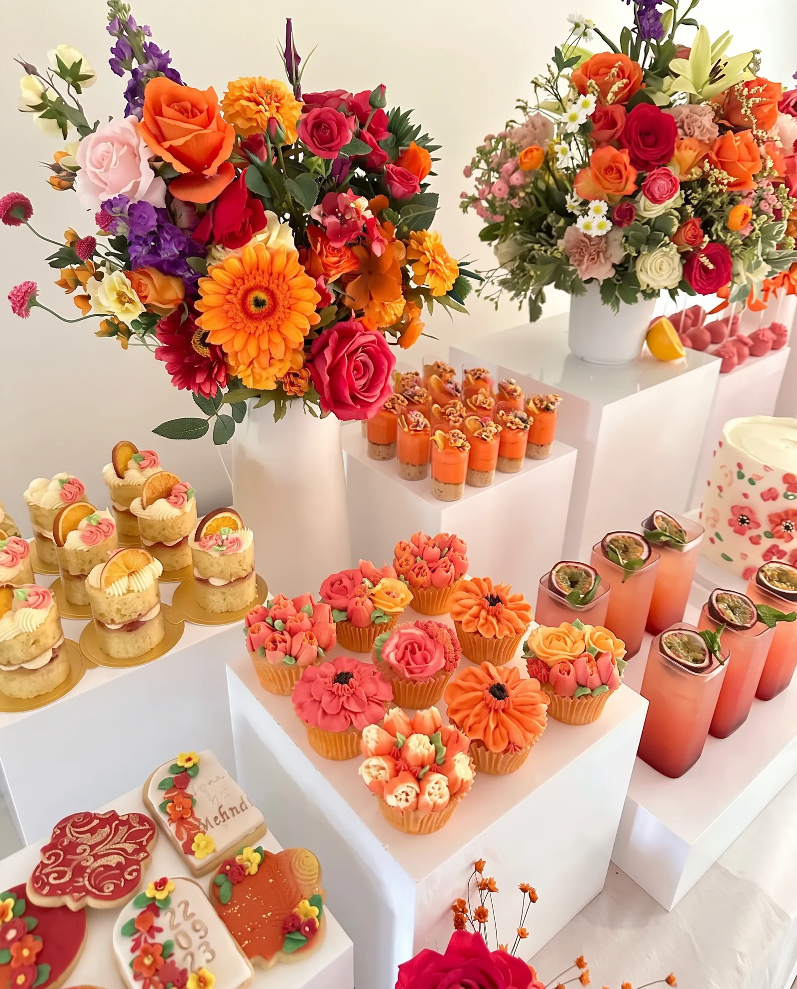 A colourful dessert table with floral arrangements, cupcakes, layered desserts and decorated biscuits