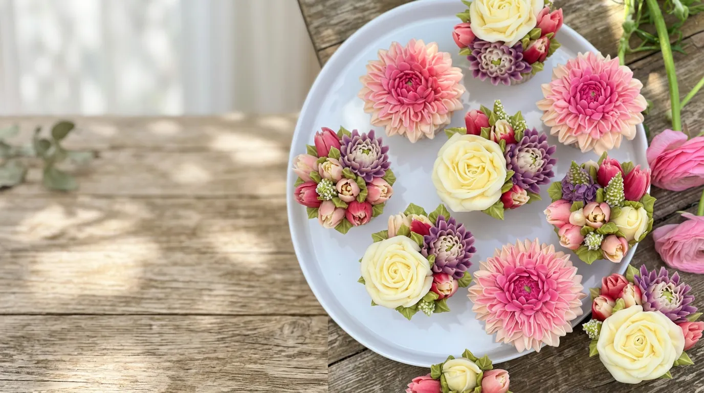 Handcrafted pink, ivory and purple floral buttercream cupcakes arranged on a platter